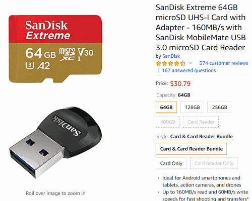 Amazon.com で カードとカードリーダーがセット販売されている表示例